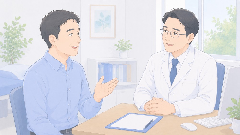睡眠外来の医師に相談する男性のイラスト