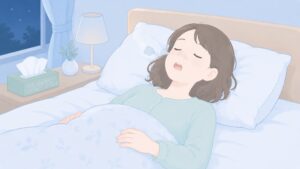 花粉症で鼻をかむ女性と舞う花粉のイラスト