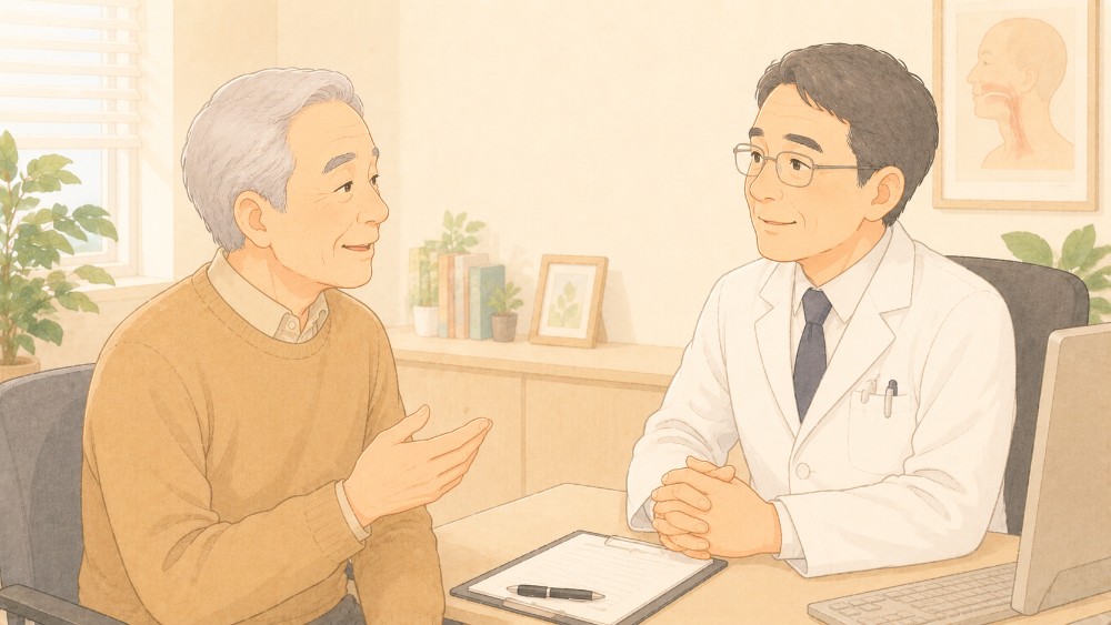 睡眠外来の医師に相談する60代男性のイラスト