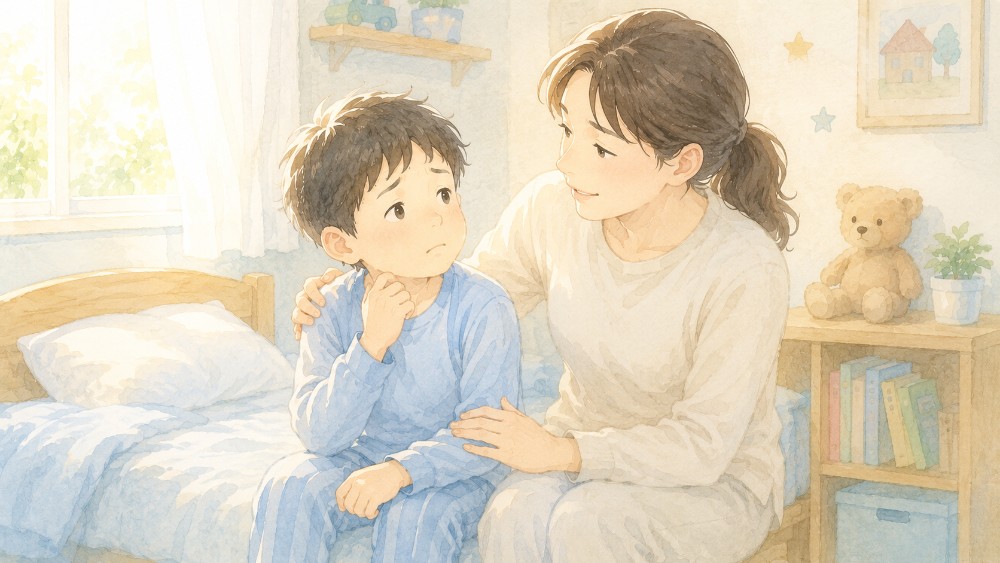 朝の子ども部屋で母親がやさしく子どもに寄り添うイラスト