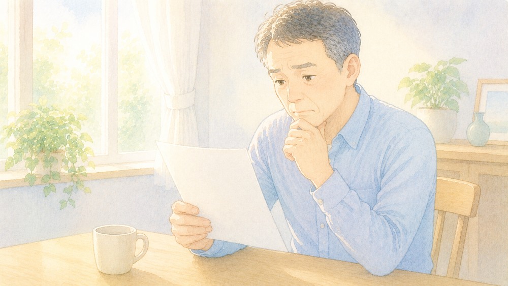 健康診断の結果票を見て気にする中高年男性のイラスト