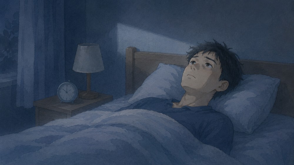 夜中に目が覚めて天井を見つめる、眠りが浅い男性のイラスト