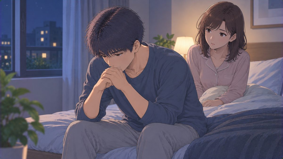 夜の寝室で、ベッドの端に腰かけてうつむき考え込んでいる男性と、その後ろで心配そうにしている女性
