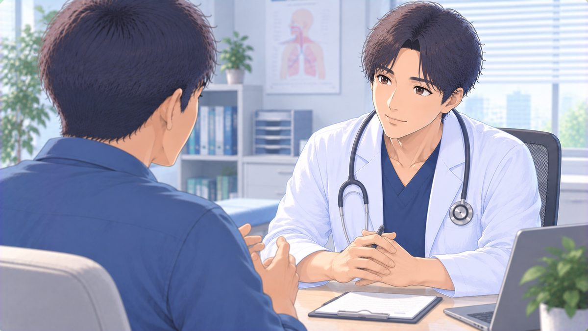診察室で、男性の医師が落ち着いた雰囲気で、向かい合った男性の相談を聞いている様子