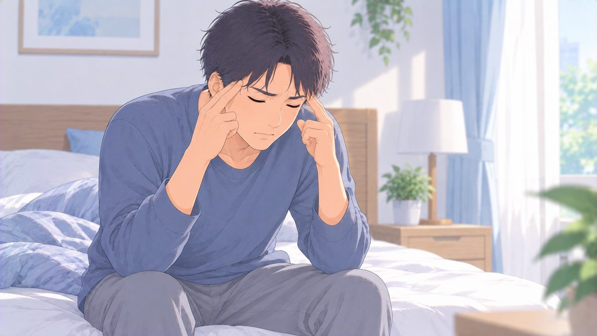 朝、ベッドの端に腰かけてこめかみを指で押さえ、顔をしかめている男性