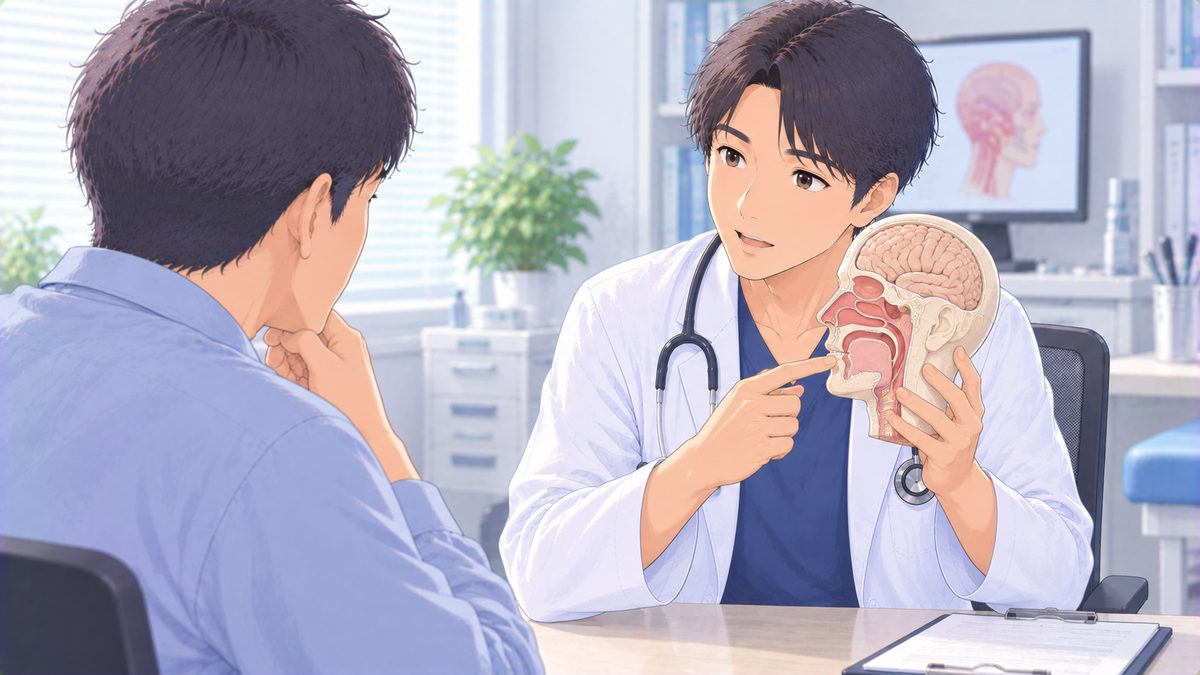 診察室で、医師が頭部の模型を手に持ちながら男性に説明している様子