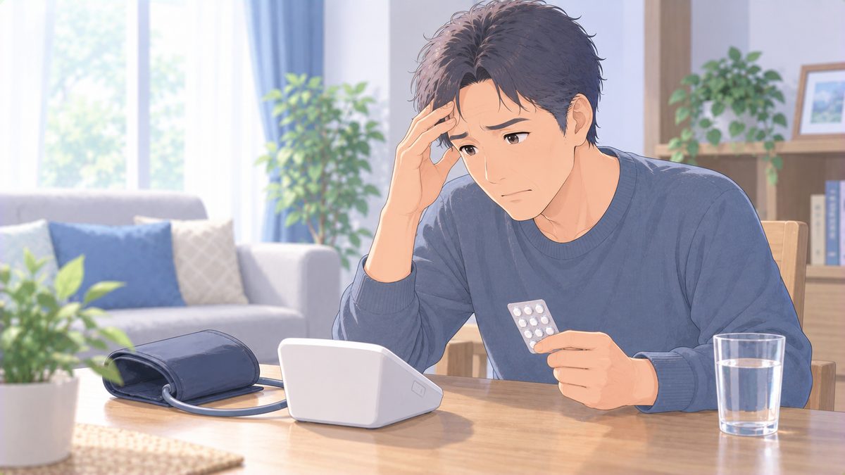 リビングで、薬のシートを片手に、卓上の血圧計を見て困った顔をしている中年男性