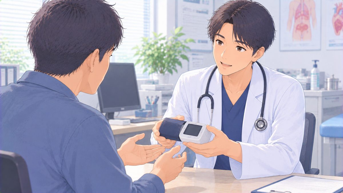診察室で、医師が小型の24時間血圧計の機器を男性に手渡している様子