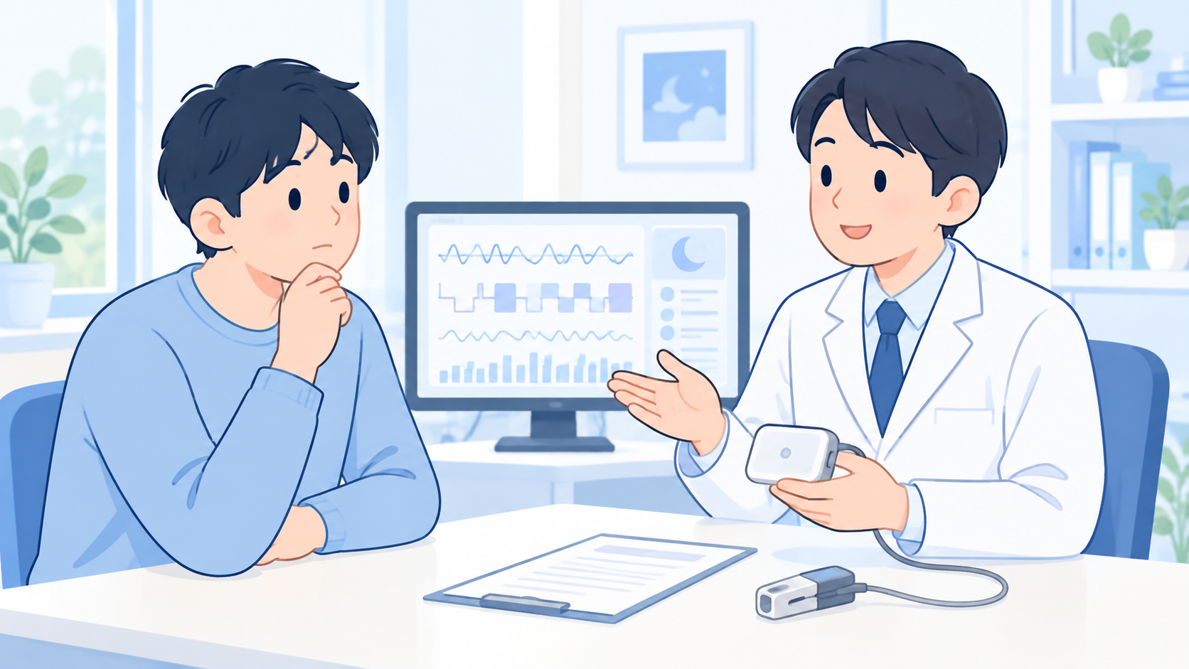持病を伝えて睡眠検査の説明を受ける患者