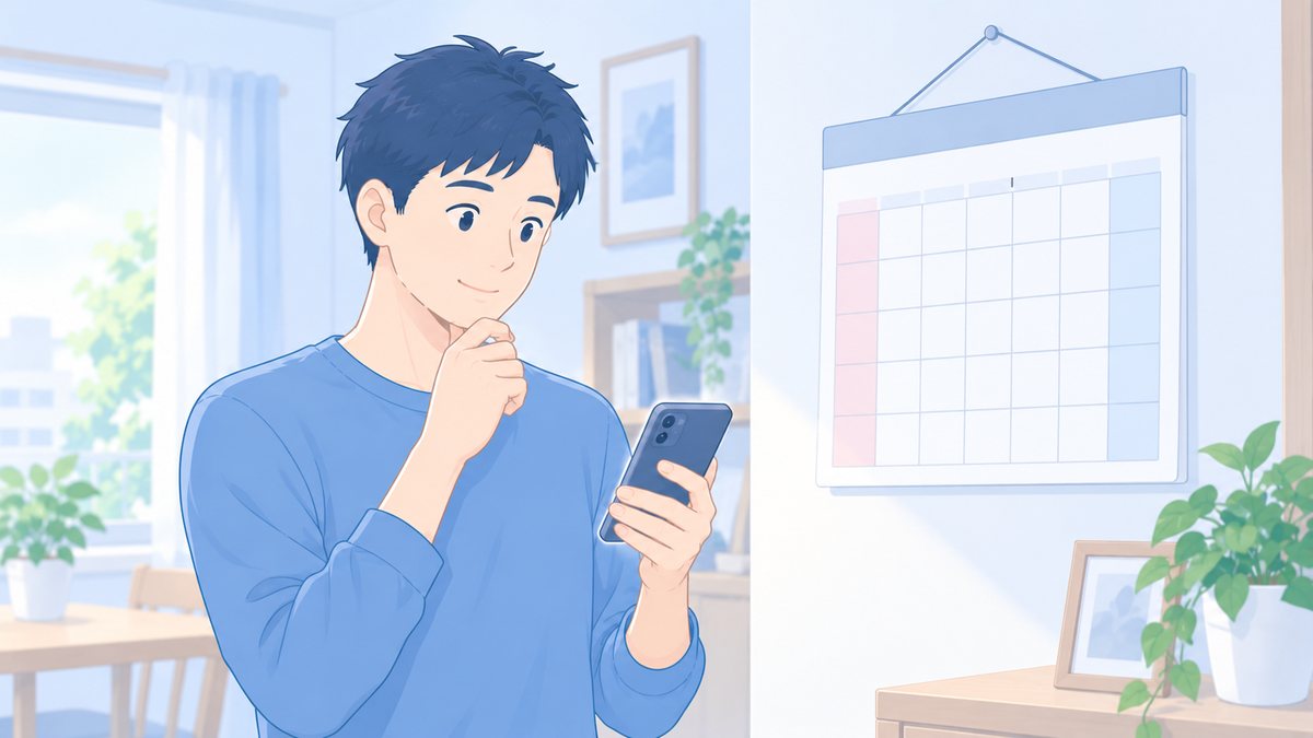 カレンダーの前でスマートフォンを見ながら通院の予定を決めている男性