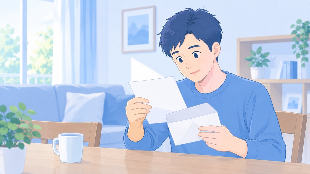 クリニックから届いた案内の封書を開いて読んでいる男性