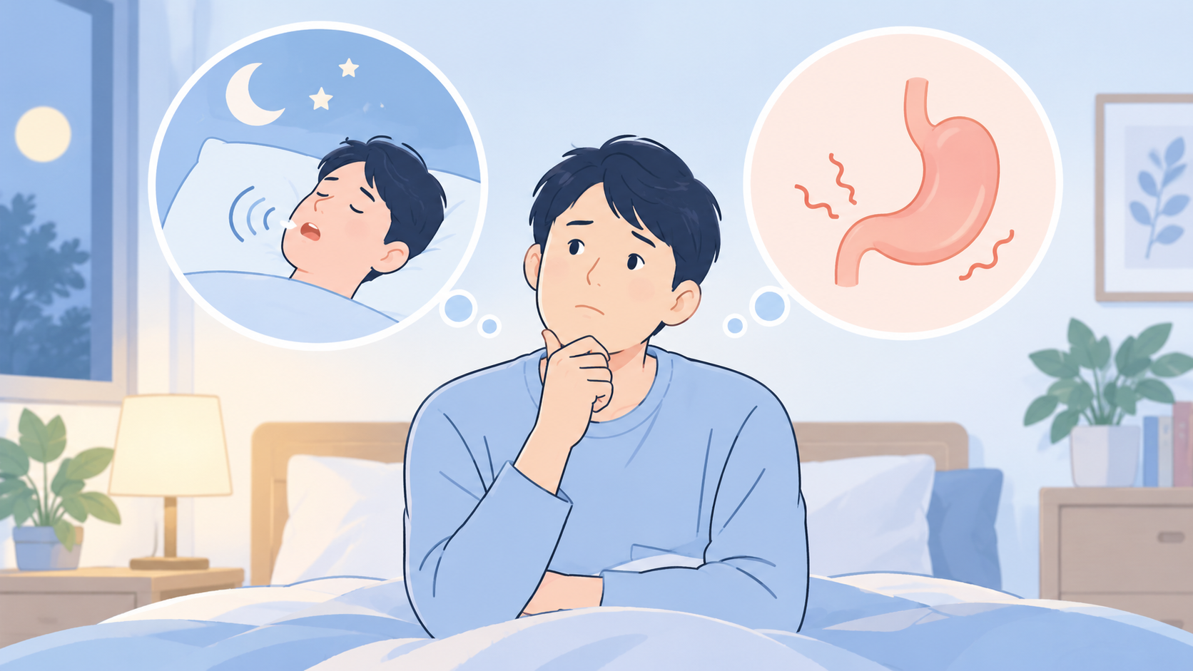 睡眠と消化器の症状について考えるイラスト