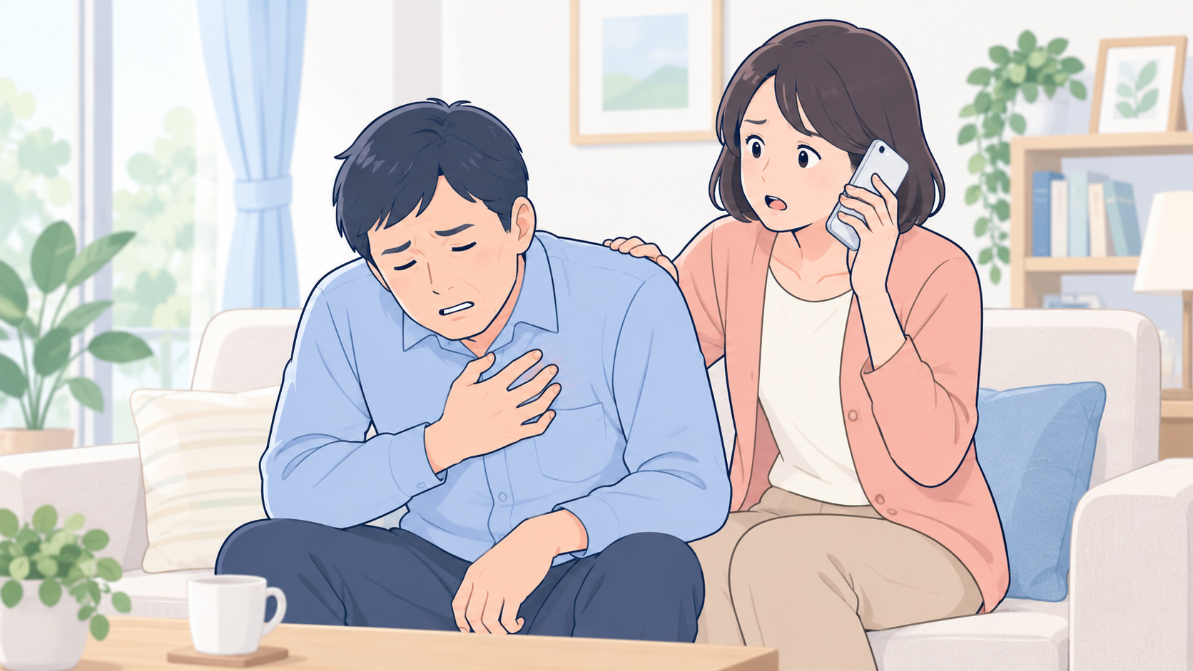 強い胸痛の患者と救急へ連絡する家族
