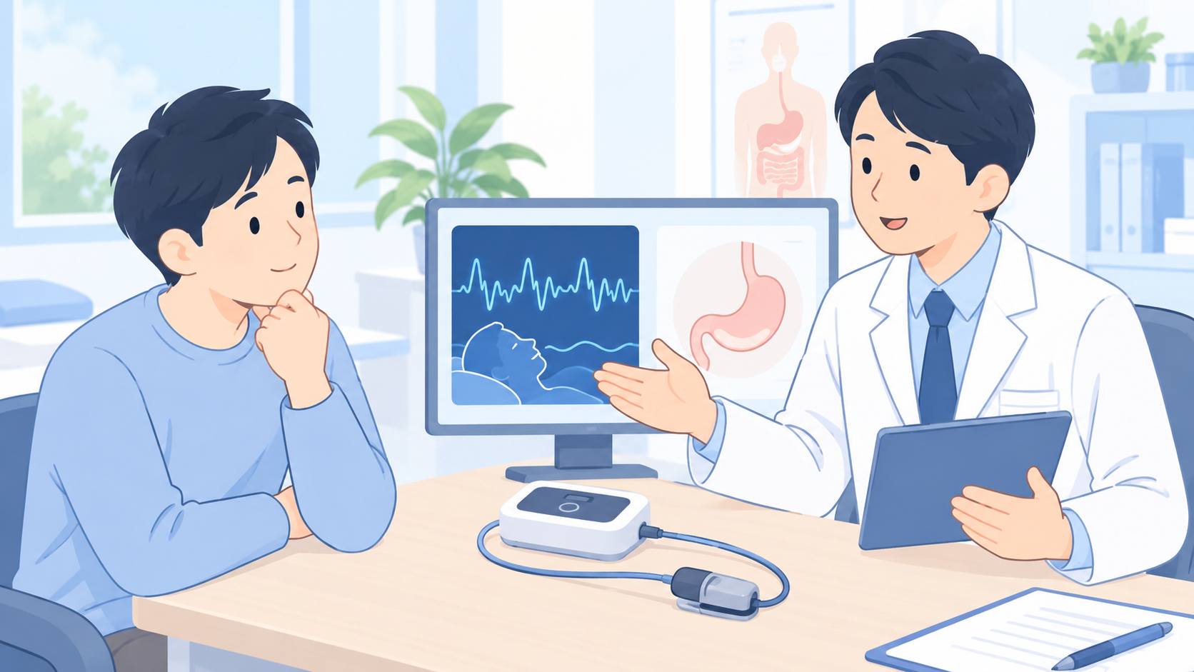 消化器と睡眠の検査の説明を受ける人