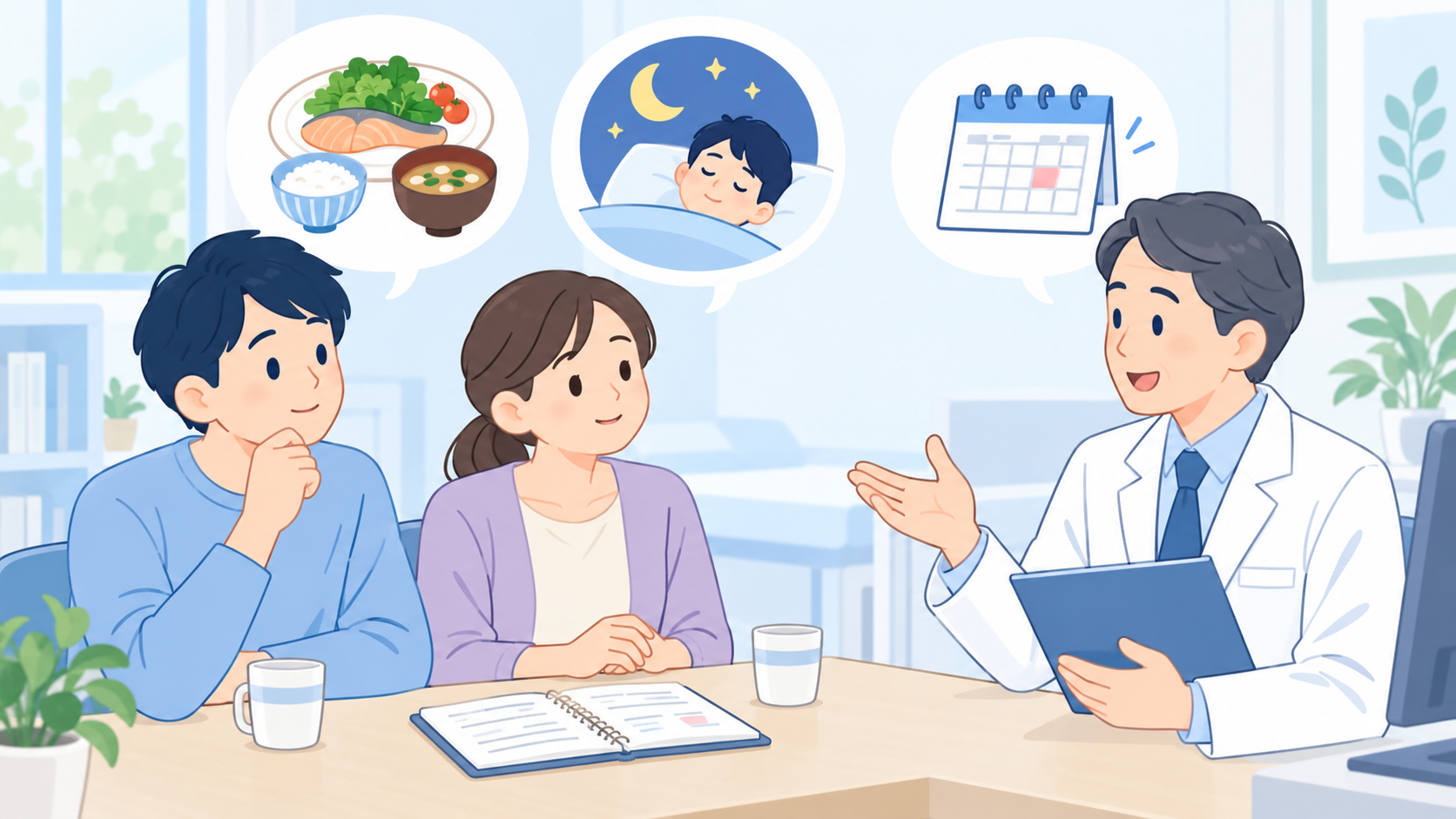 生活と通院の計画を医師へ相談する家族