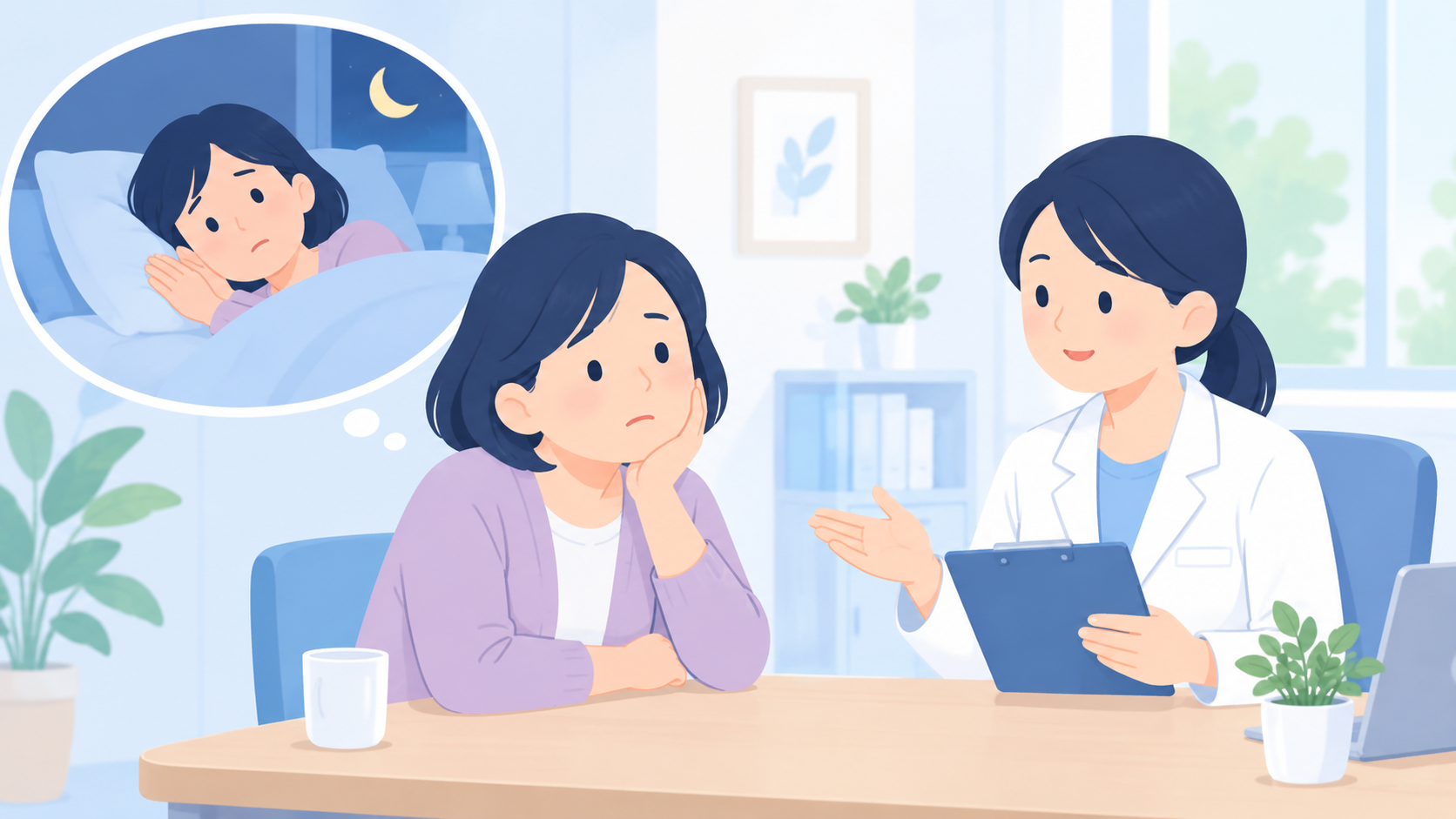 女性では、いびきより不眠や疲労が前に出ることもあるのイラスト