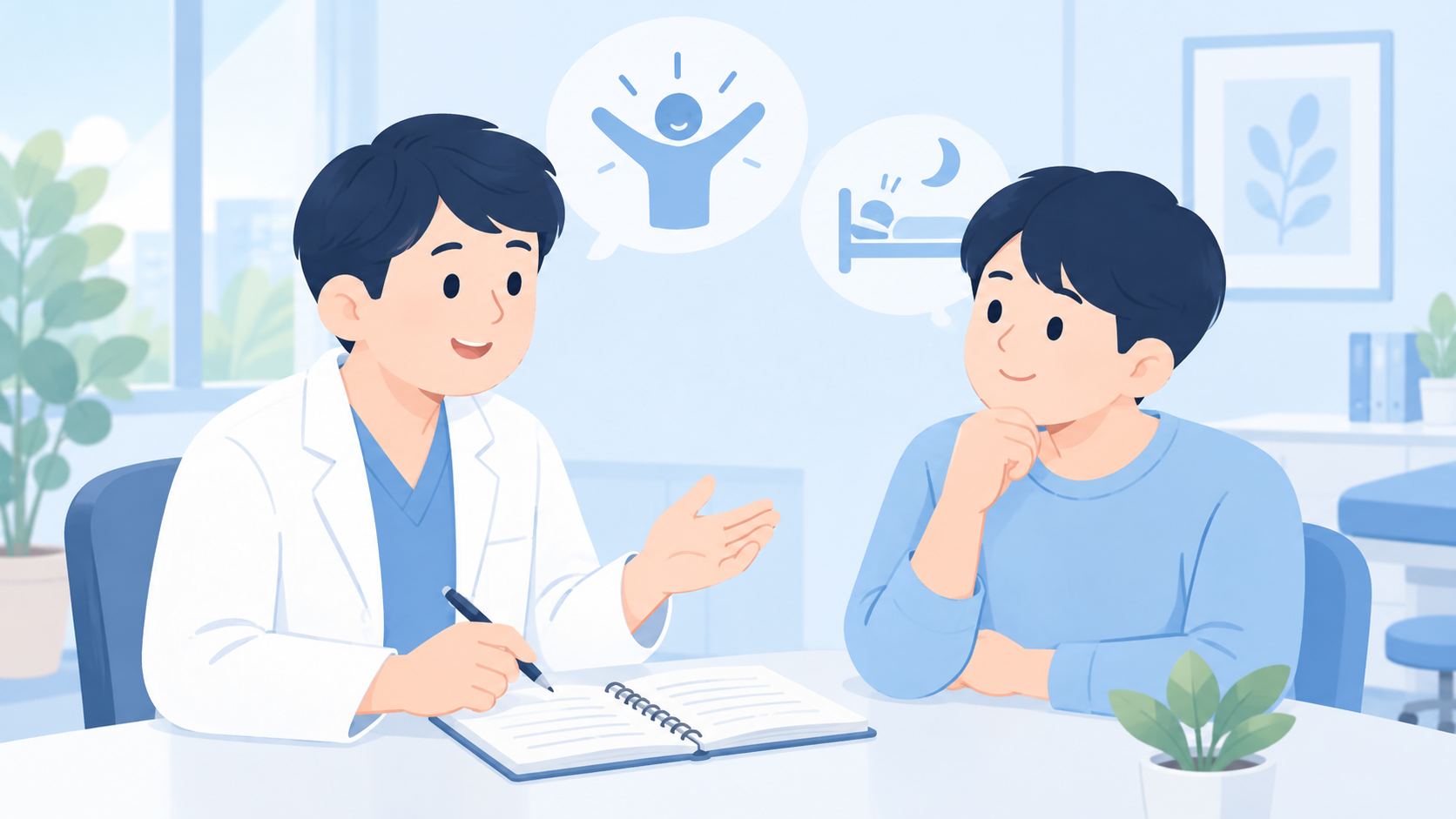 眠くない人の治療目的は、一人ひとり確認するのイラスト