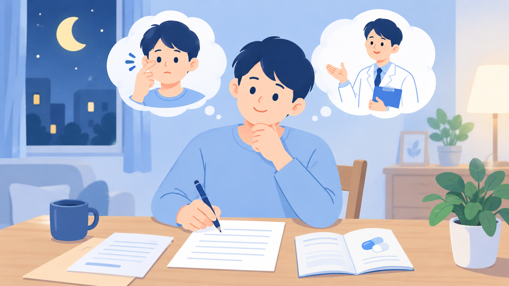 よくある質問と、眠くない人の初診メモのイラスト