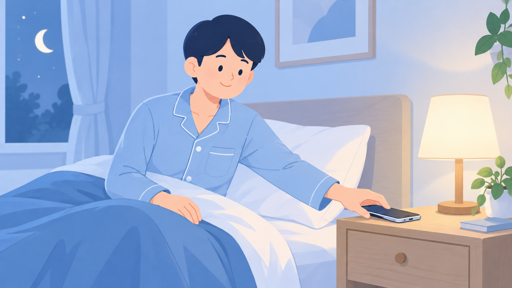 安全に始める録音の手順と、翌朝の確認方法のイラスト