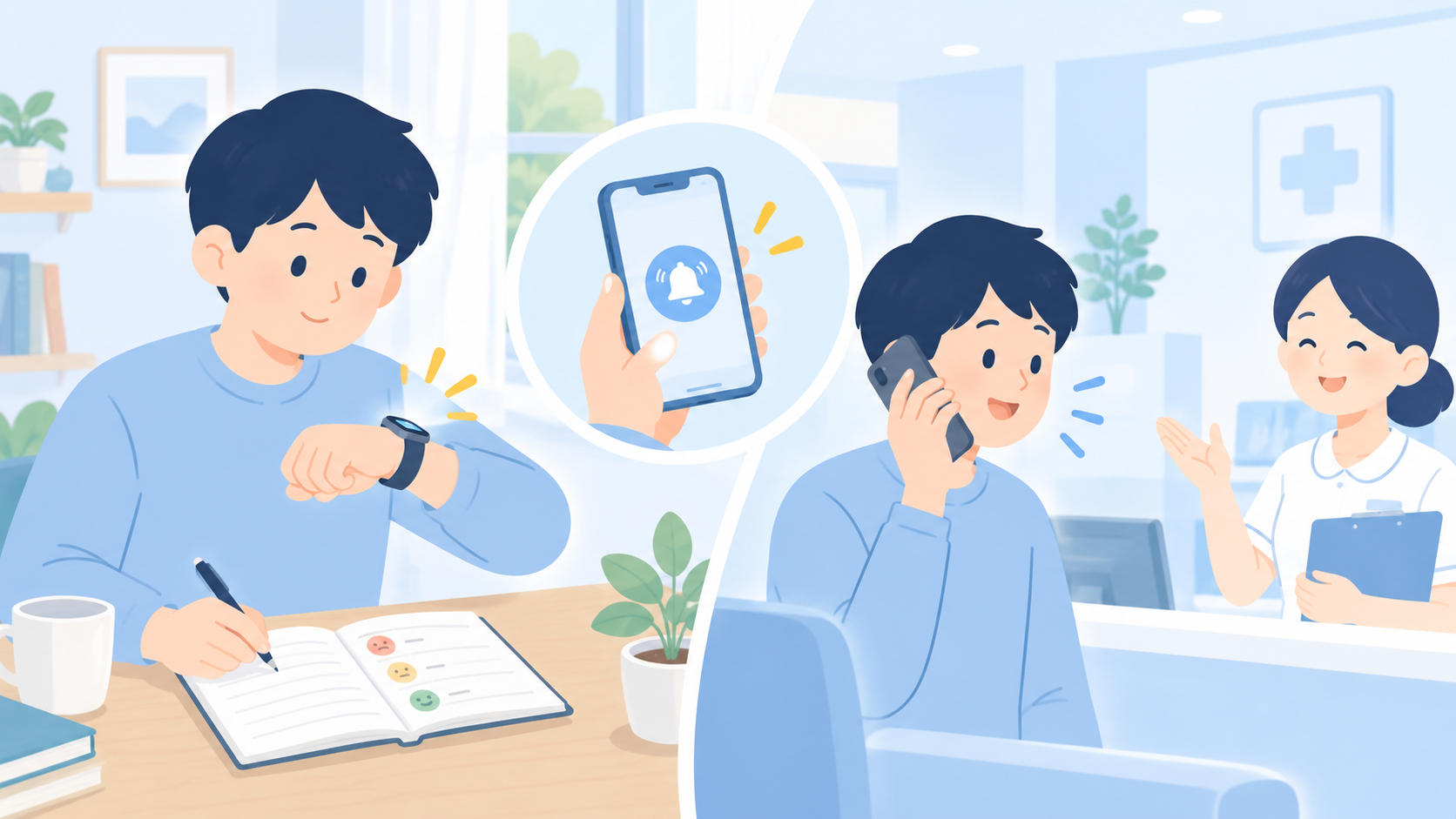 通知が届いたときと、通知がないときの行動のイラスト