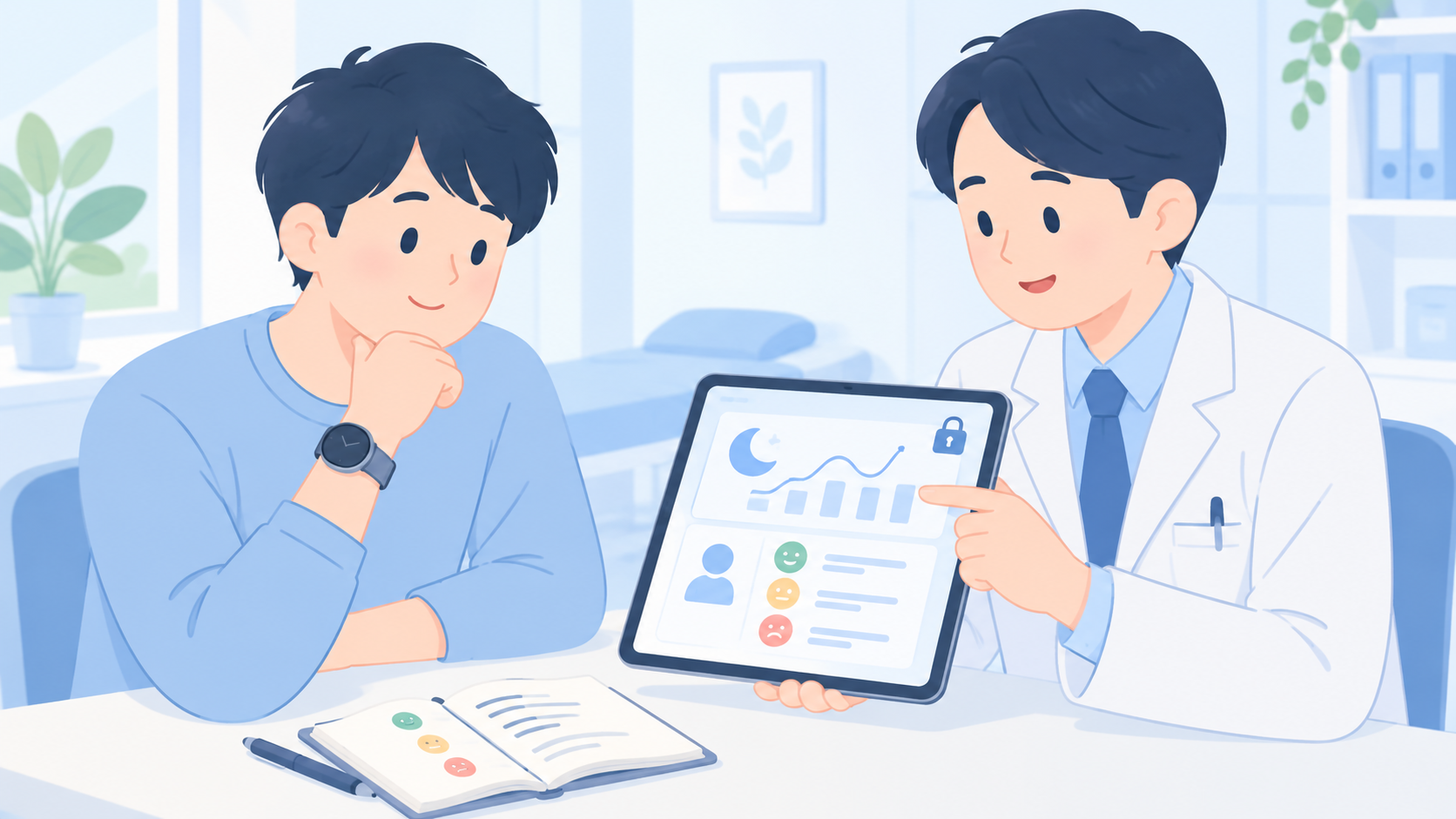 診察へ持っていく記録と、データ共有の注意のイラスト