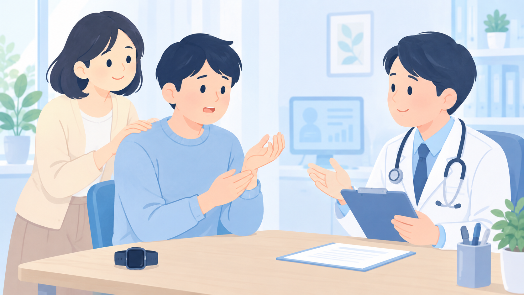よくある質問と、時計より症状を優先する場面のイラスト