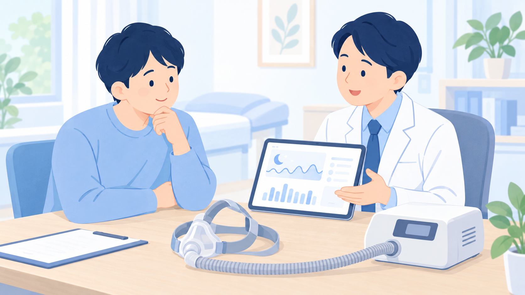 呼吸の管理とマスクの漏れは、機器の数値だけで断定しないのイラスト