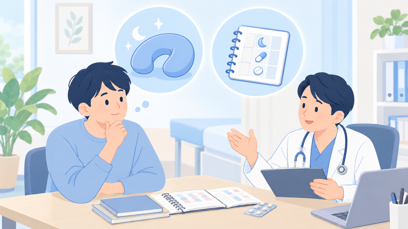 睡眠不足、薬、ほかの睡眠障害を順番に確認するのイラスト