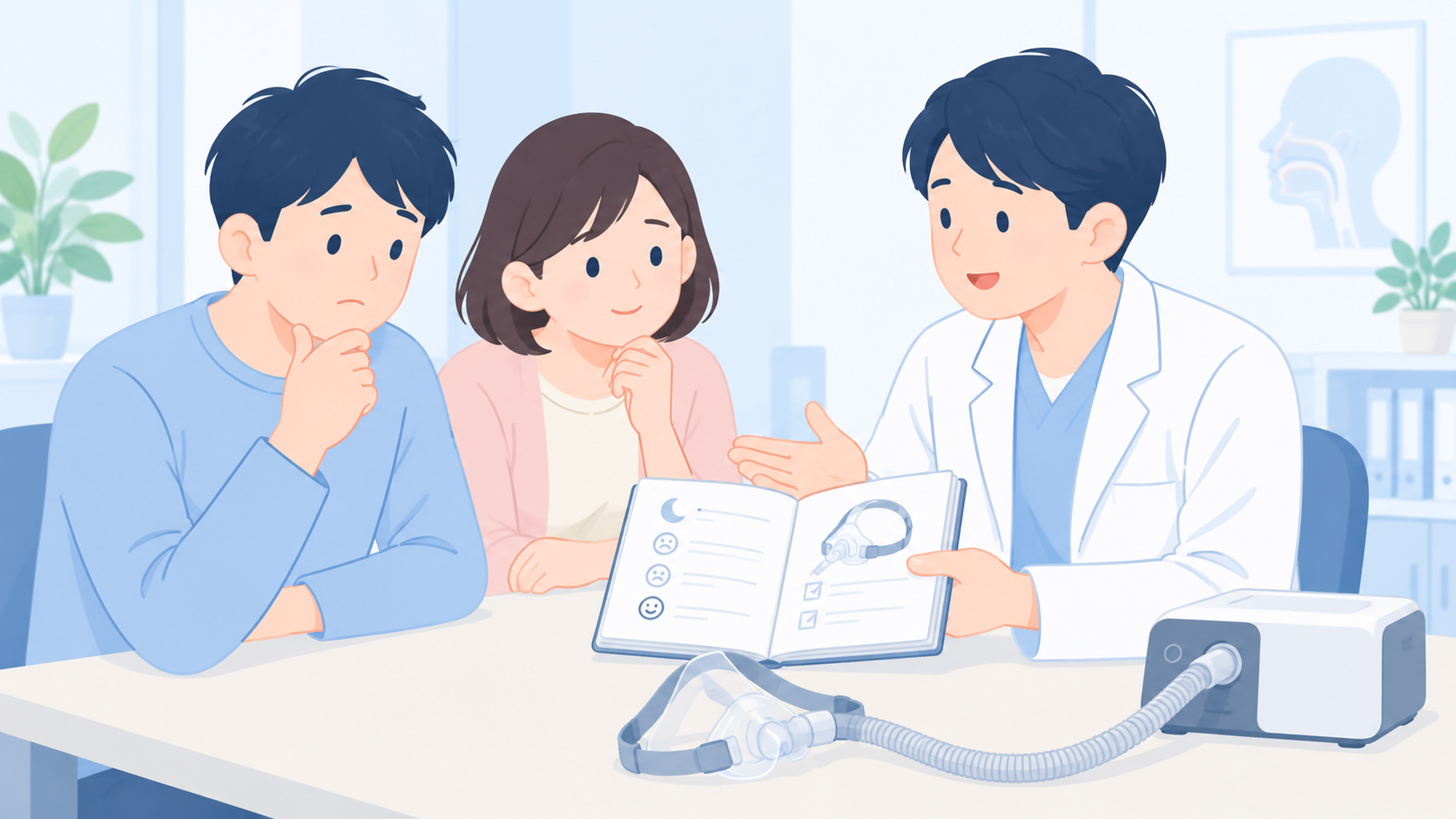 受診の準備と、CPAPの不快感についてのよくある質問のイラスト
