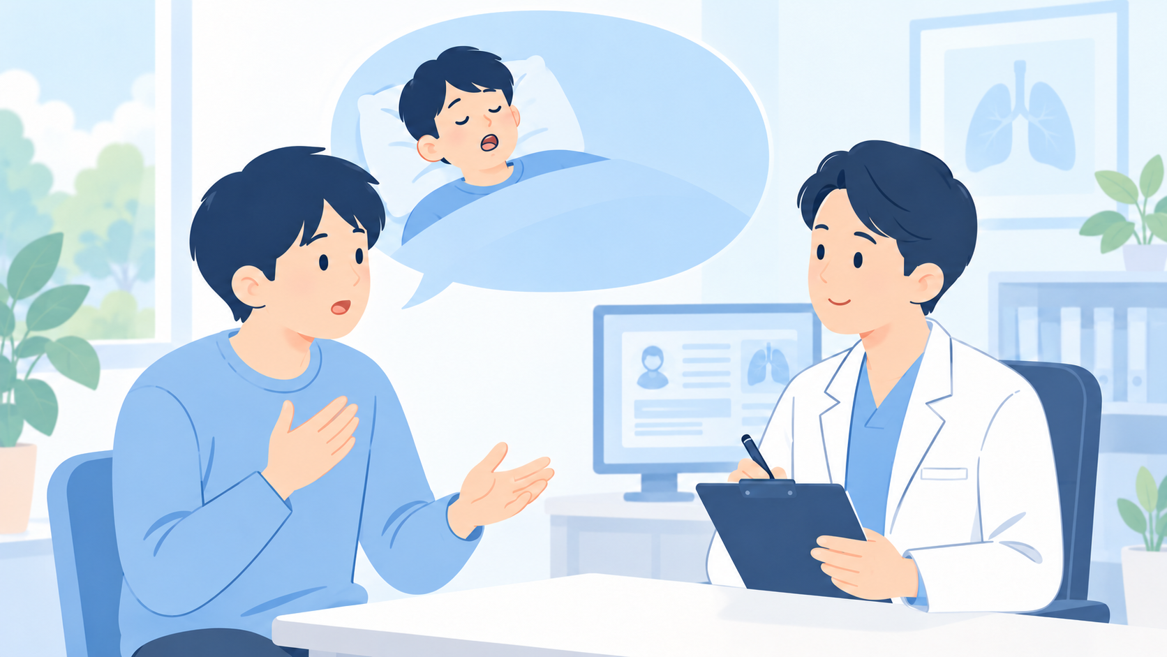 いびき・睡眠時無呼吸を申告するのは、麻酔と術後管理のためのイラスト