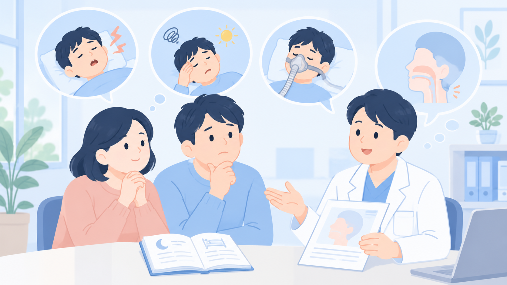 診断済みなら検査・治療、未診断なら観察された症状を伝えるのイラスト