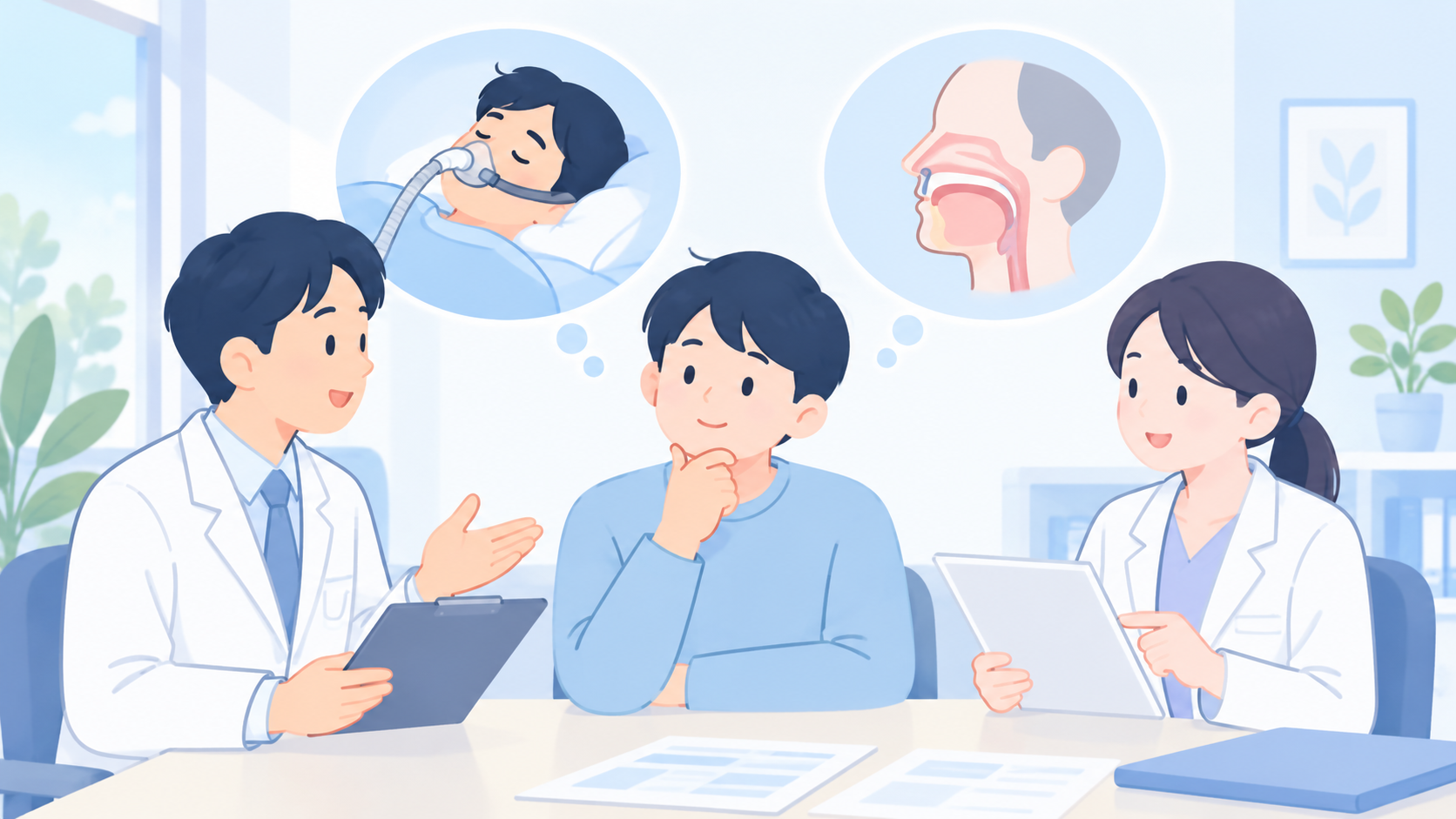 術前の確認は、手術チームと睡眠の主治医をつなげて行うのイラスト