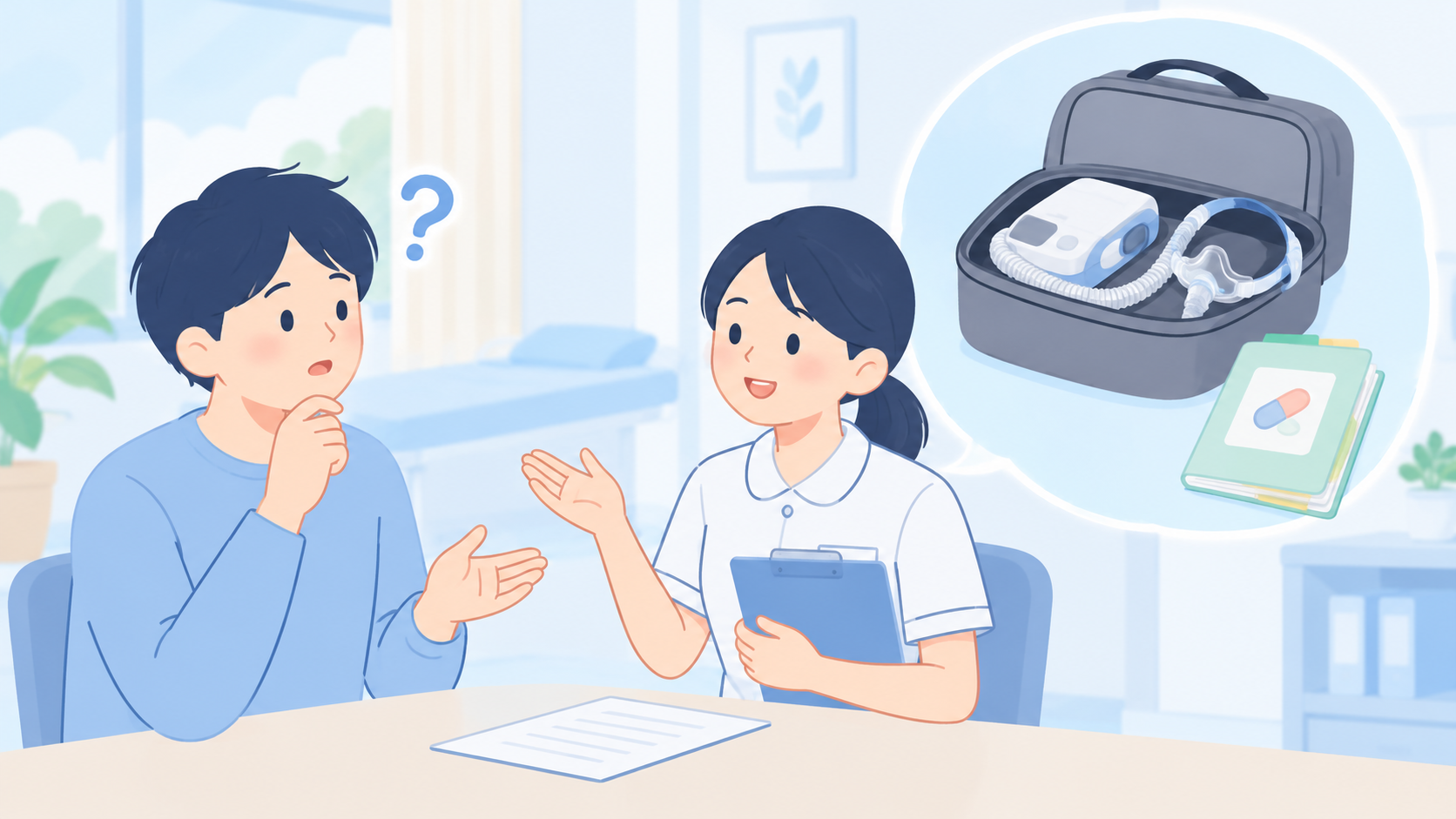 CPAPの持参・使用時期と、薬の扱いを病院へ確認するのイラスト
