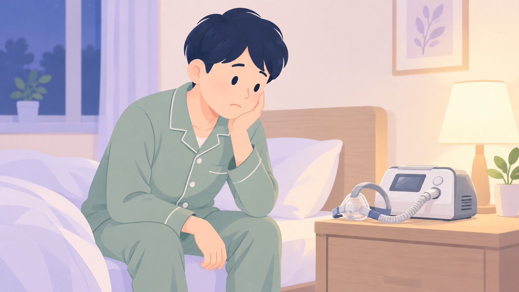 寝室で、ベッド脇の棚に置きっぱなしになったCPAPを見つめて、ため息をついている男性