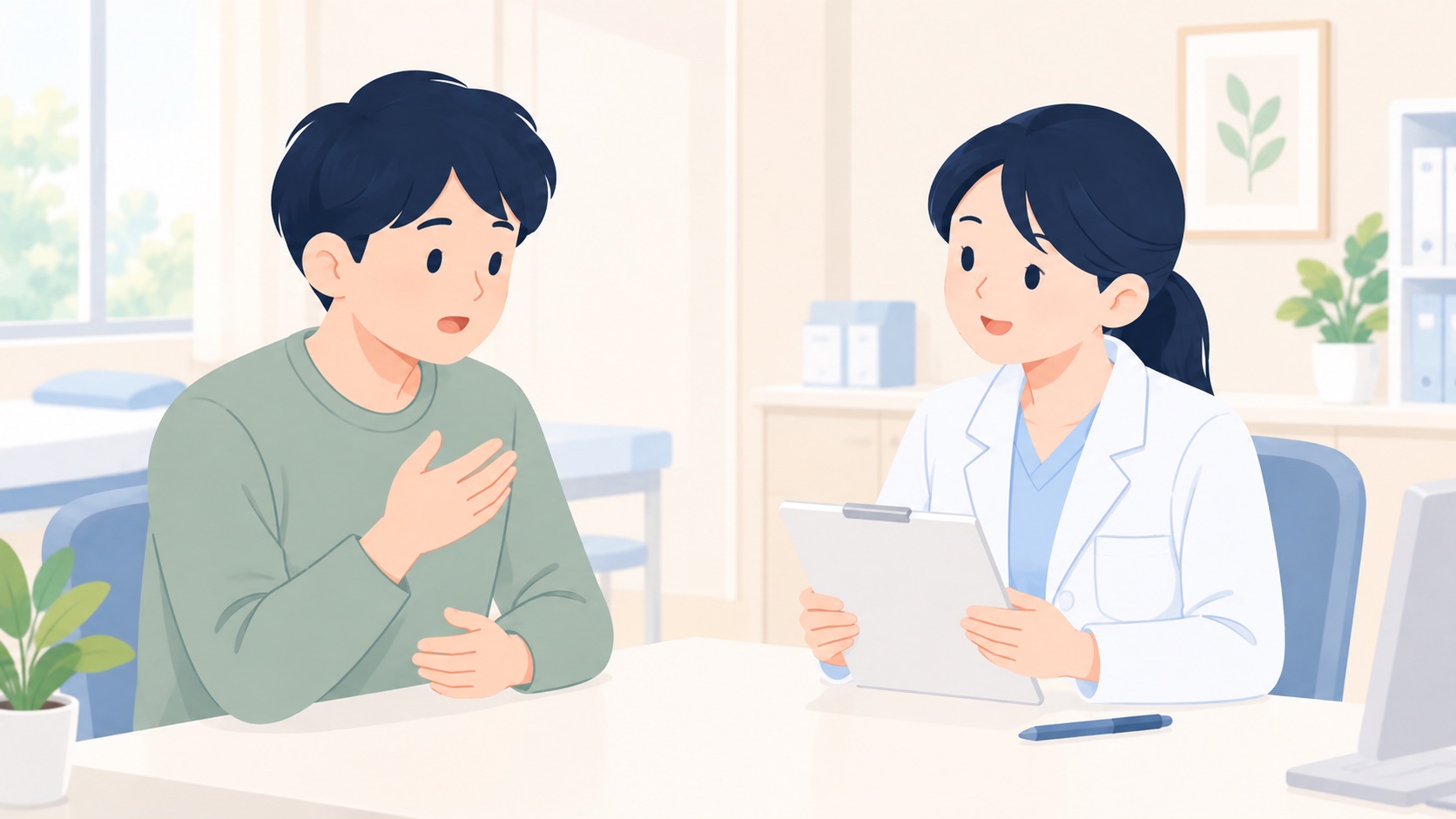 診察室で、医師が問診票を手に、向かい合った男性の話を聞いている様子