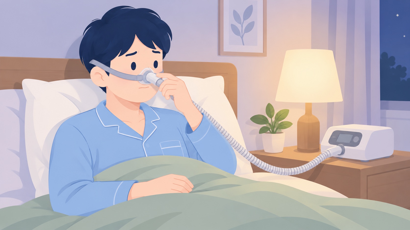 夜のベッドで、CPAPの鼻マスクを着けたものの息苦しそうな顔でマスクに手をかけている男性