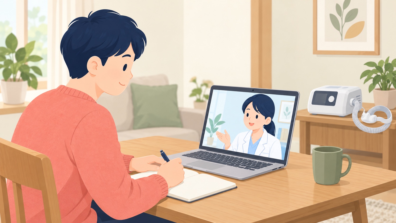自宅のダイニングテーブルで、ノートパソコンのビデオ通話越しに医師と話している男性