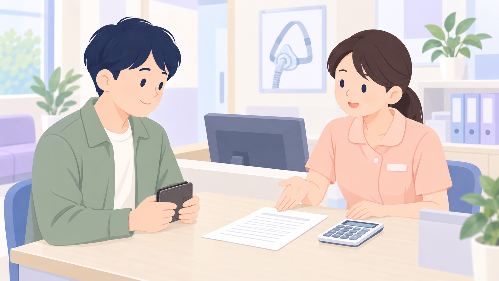 クリニックの受付カウンターで、女性スタッフが会計の対応をし、男性が財布を手にしている様子