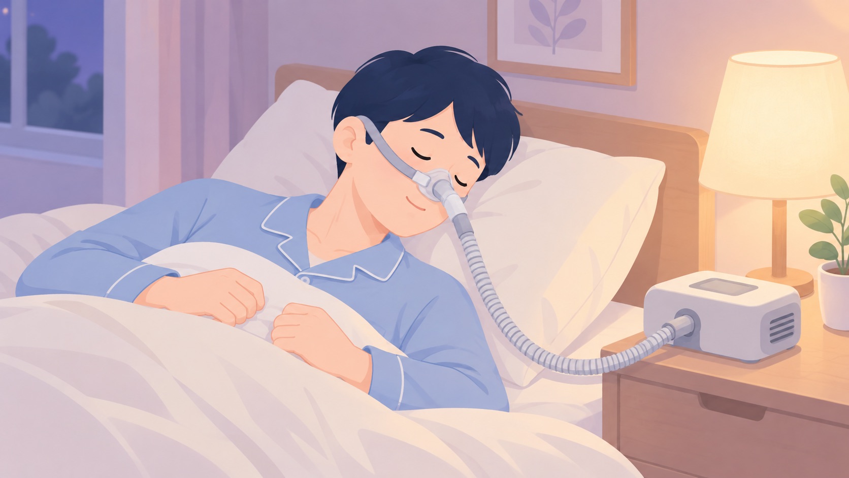 夜の寝室で、CPAPの鼻マスクを着けておだやかな表情で眠っている男性