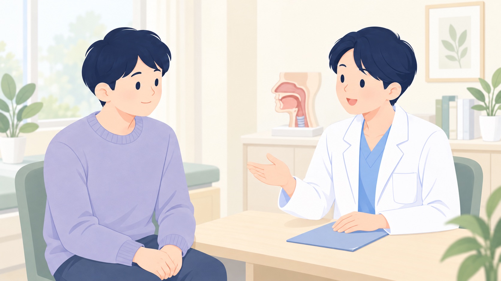 カウンセリングルームで、医師が落ち着いた表情で男性に注意点を説明している様子