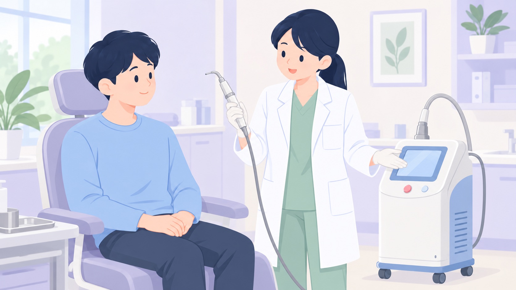 診察室で、施術用の椅子にもたれた男性の口元に、医師が細いレーザーのハンドピースを当てている様子