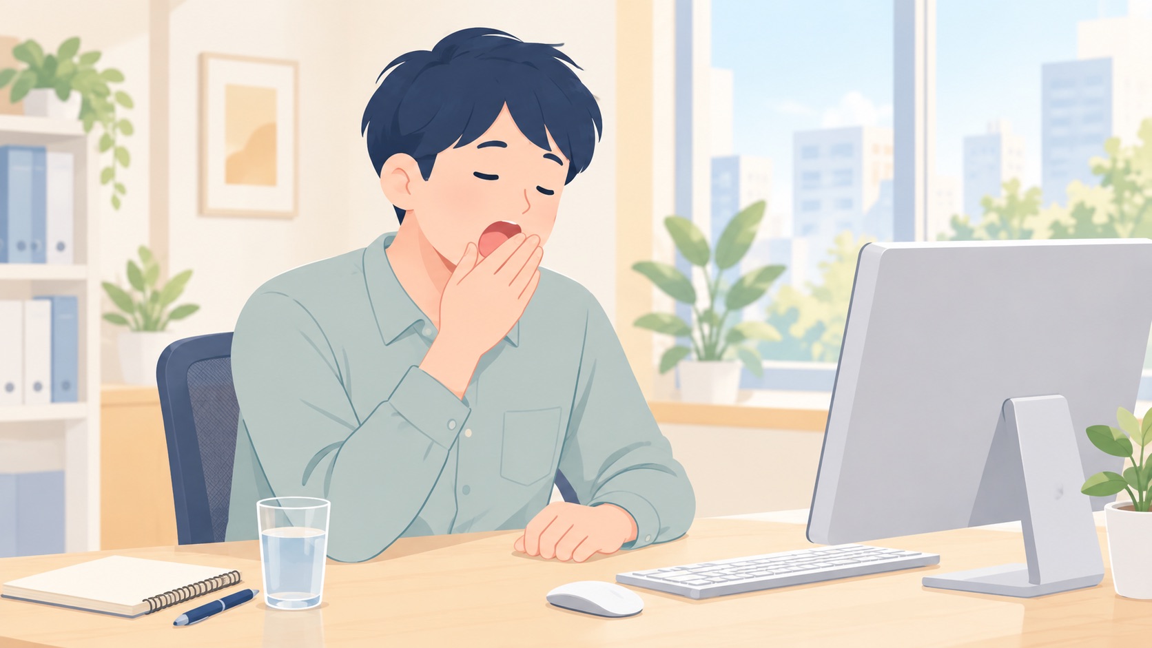 オフィスのデスクで、パソコンの前にいながらこらえきれず居眠りをしかけている男性