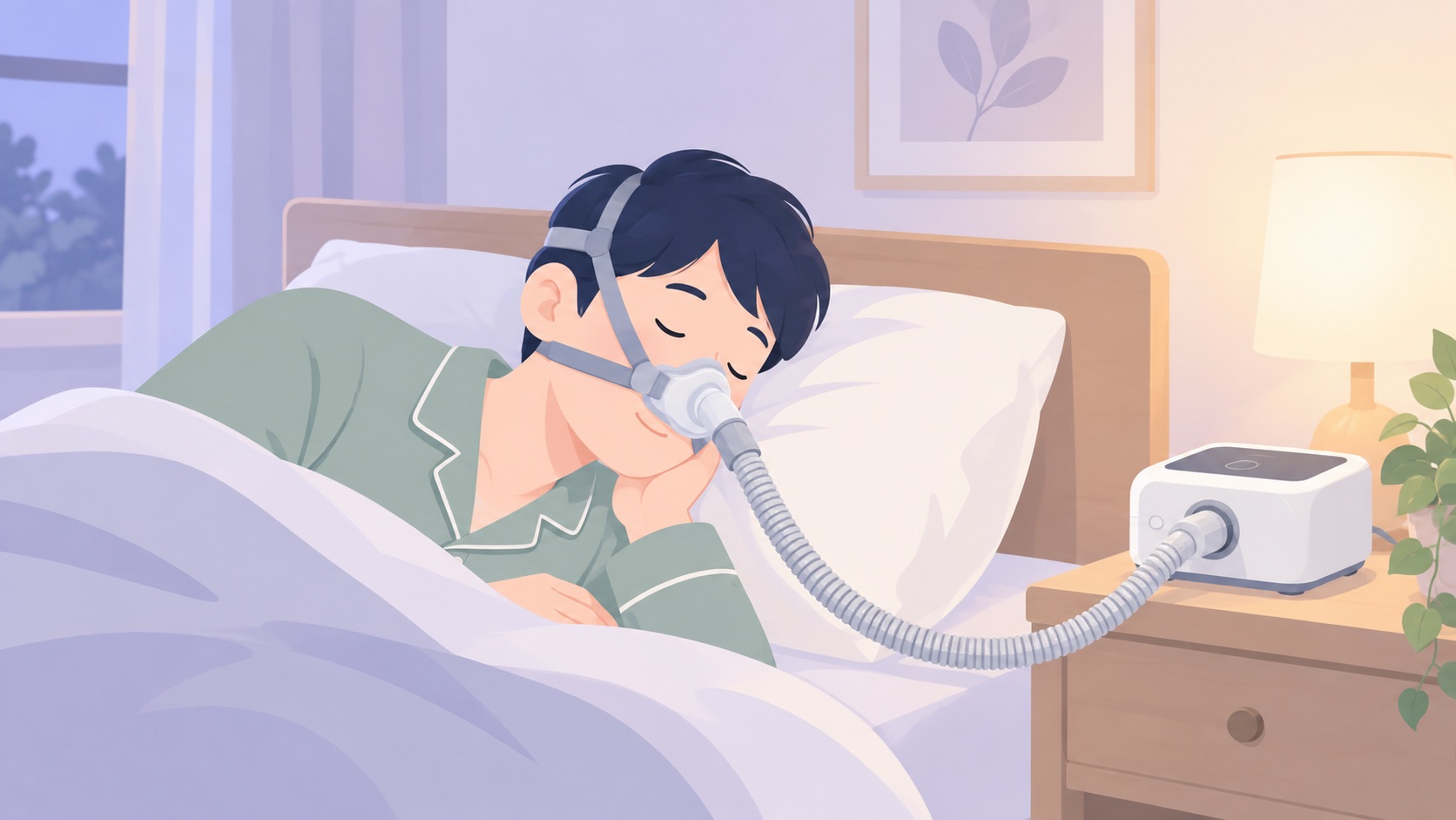 鼻マスクを着けた男性を横から見た構図で、鼻から静かに息を吸い込んでいる様子