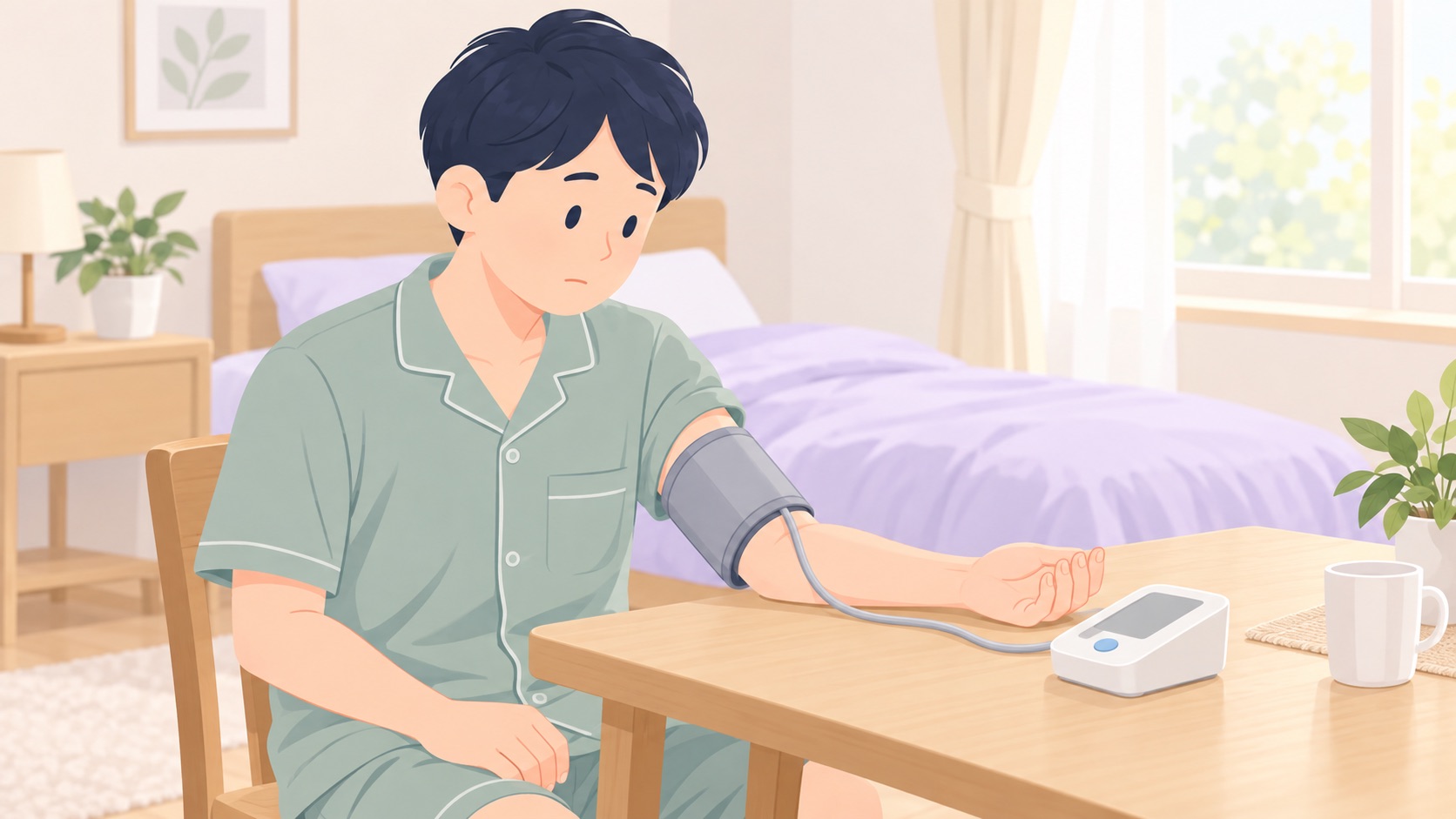 朝の寝室で、腕に血圧計のカフを巻いて測定しながら、表情を曇らせている中年男性