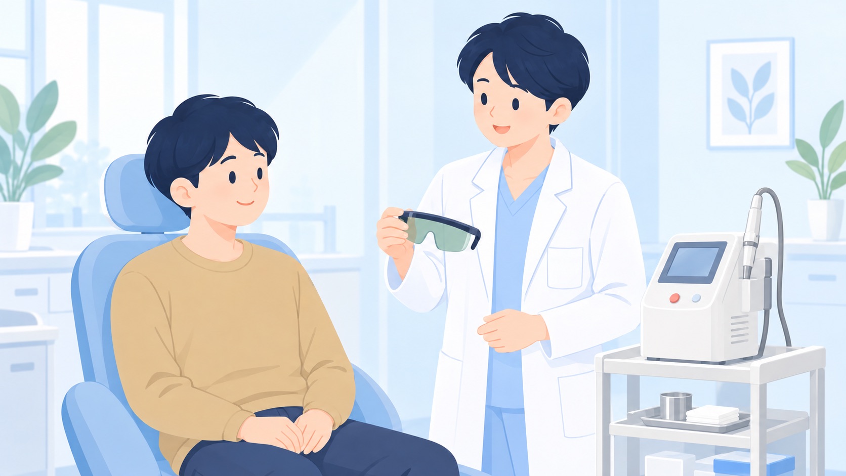 クリニックの施術室で、大きなレーザー機器のそばに立つ医師が、椅子に座った男性に保護用のゴーグルを手渡している様子