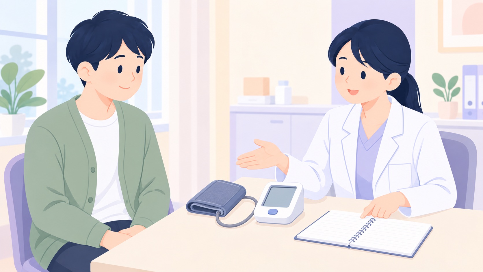 診察室で、医師が上腕式の血圧計を手に持って男性に使い方を説明している様子