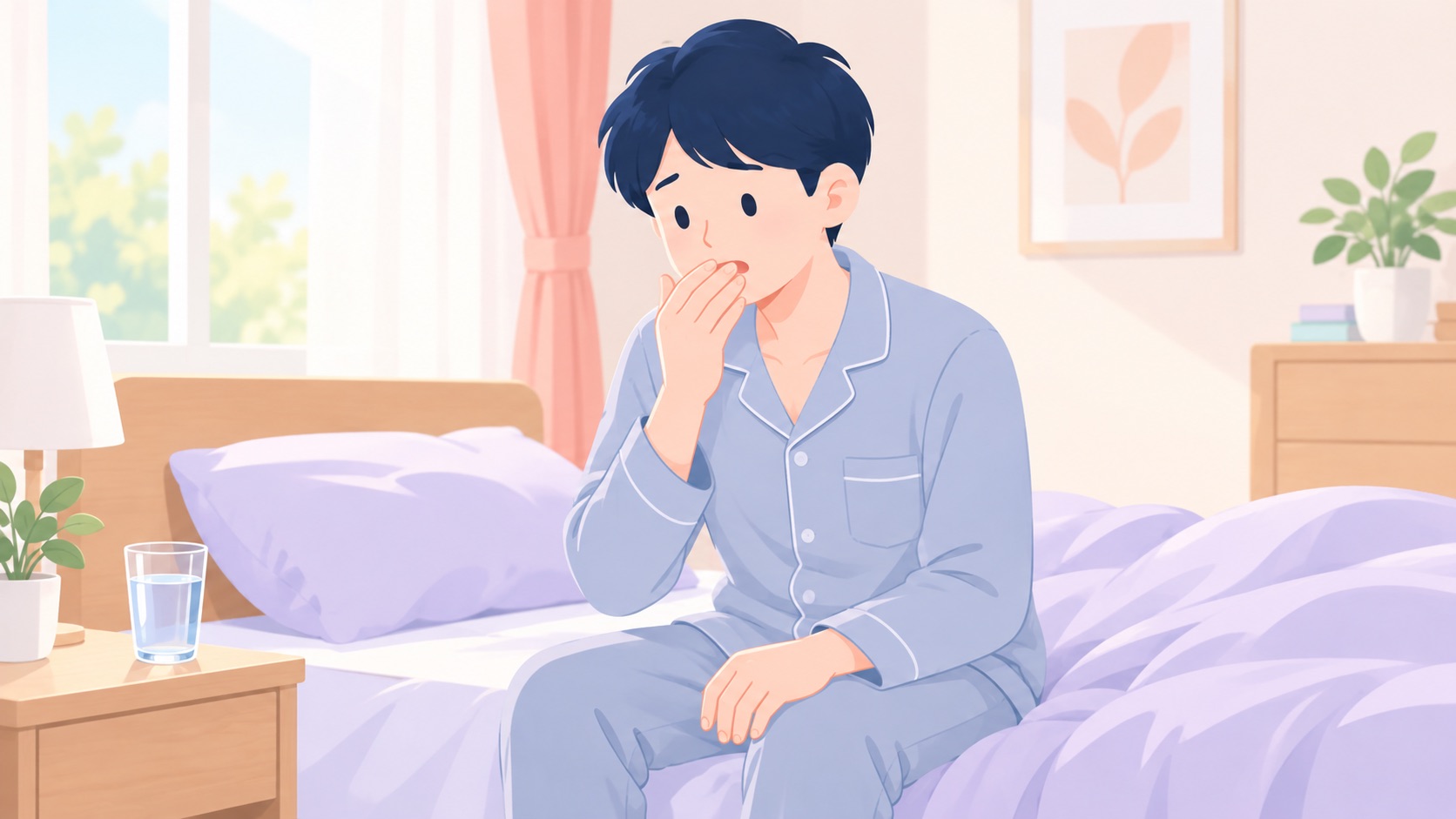 朝起きたときに口の中の不快感で口元を押さえる男性