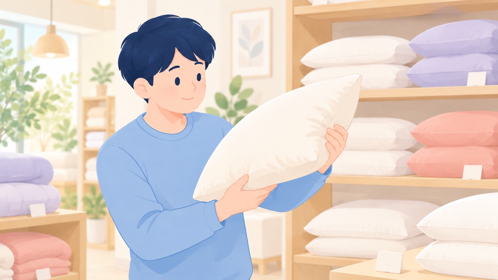 寝具売り場で、枕を手に取って高さを確かめている男性