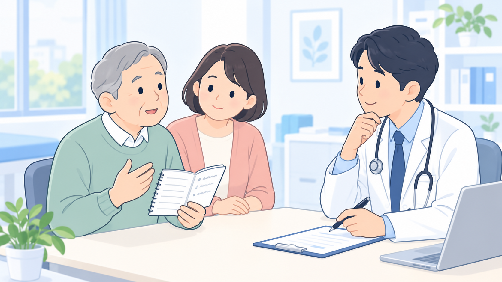 物忘れについて本人と家族が医師へ相談する場面