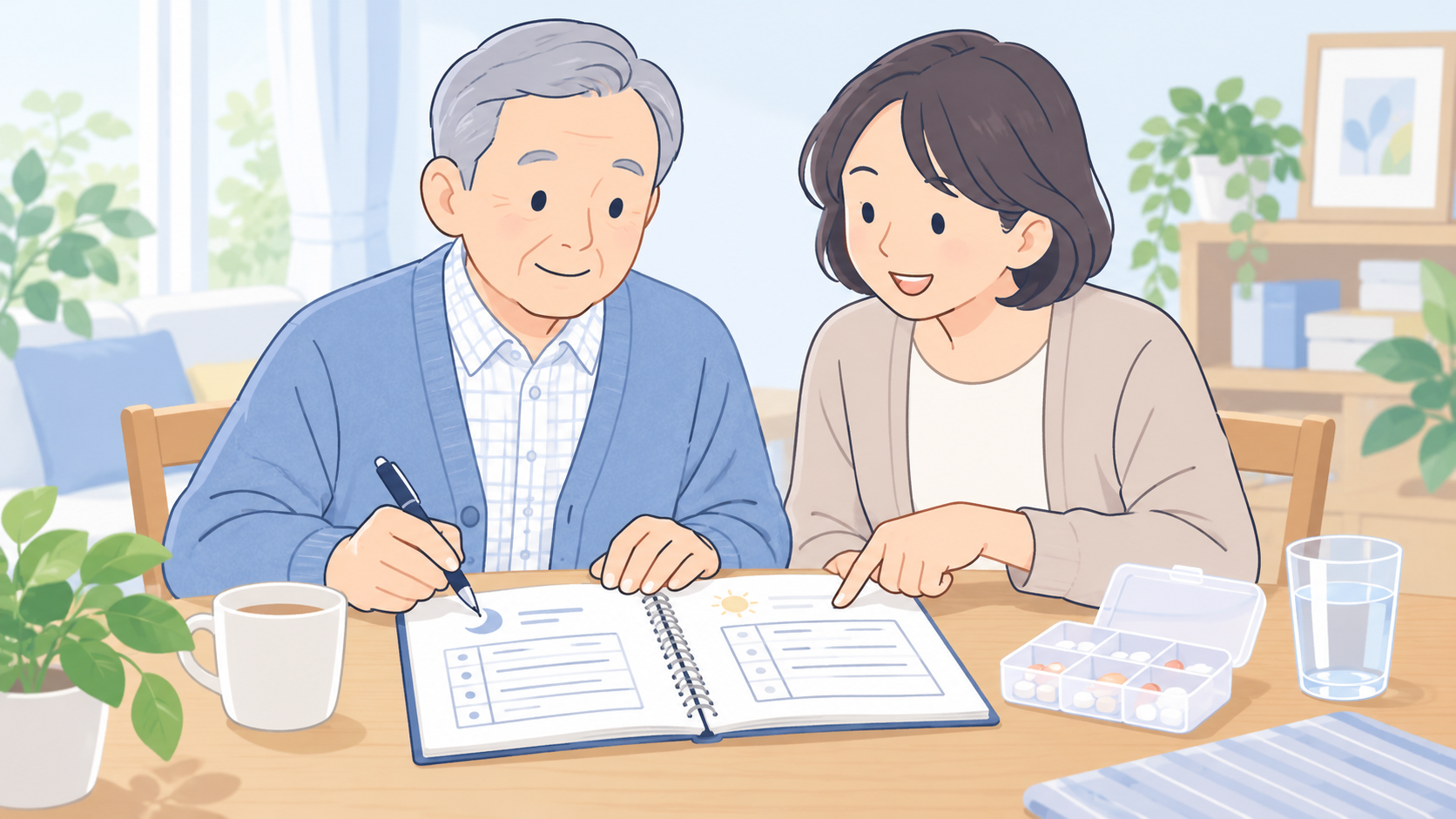 薬と睡眠の記録を整理する家族